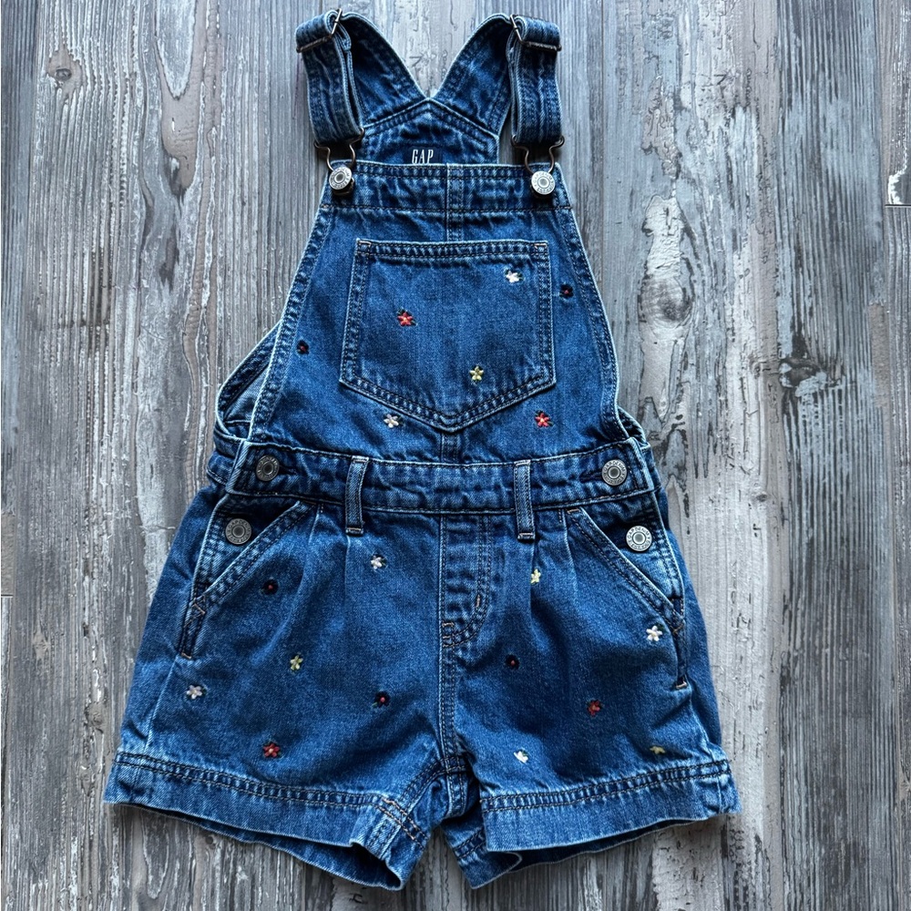 GAP Kids Girls Floral Embroidered Blue Denim Shorts Overalls XS